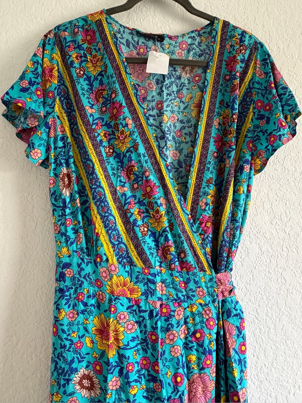 Women's Turquoise Floral Wrap Maxi Dress with Yellow Accents